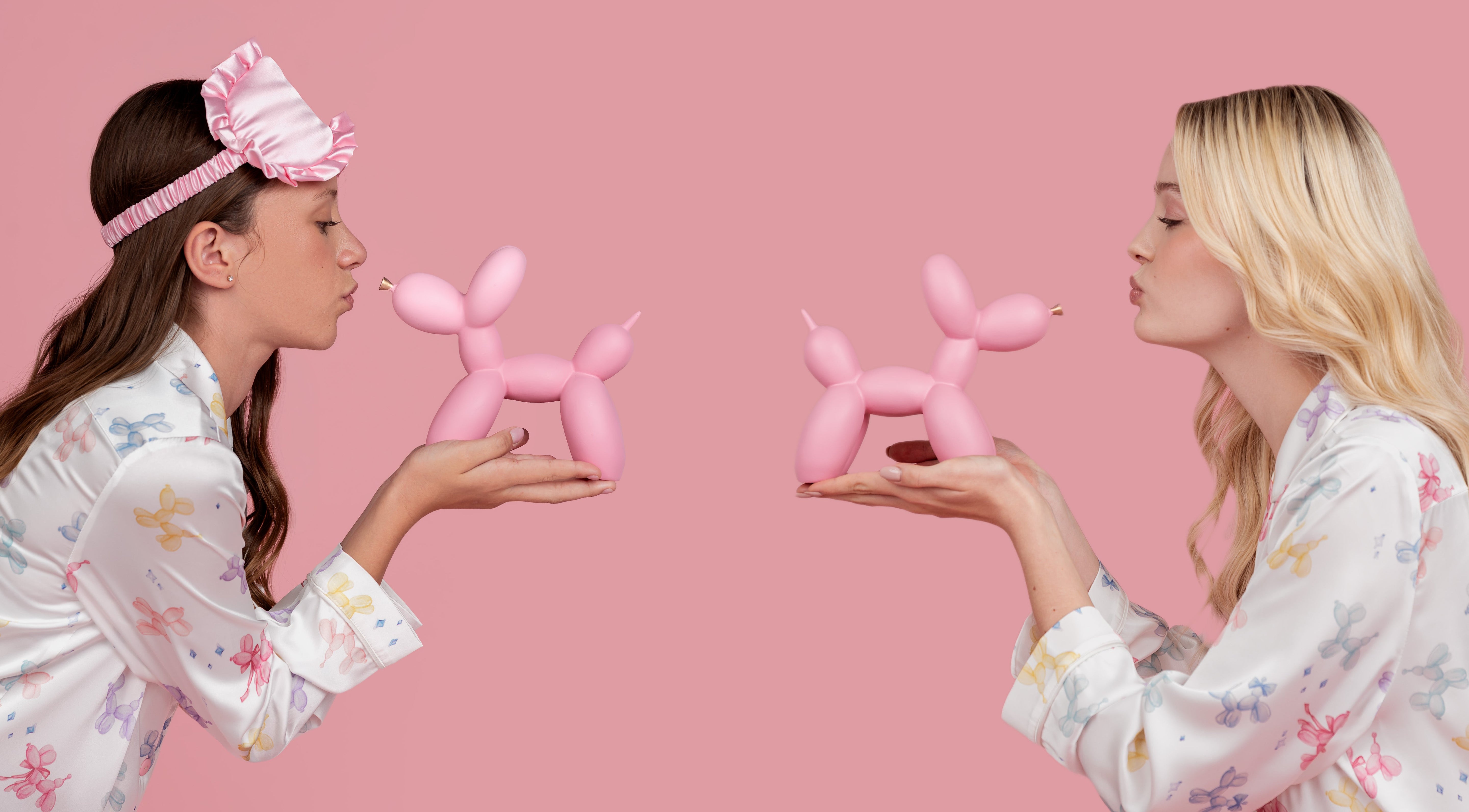 Tween and Teen Models in Dream Queen Co. Sugar Pups Balloon Dog Pastel Print Satin PJ Sets
